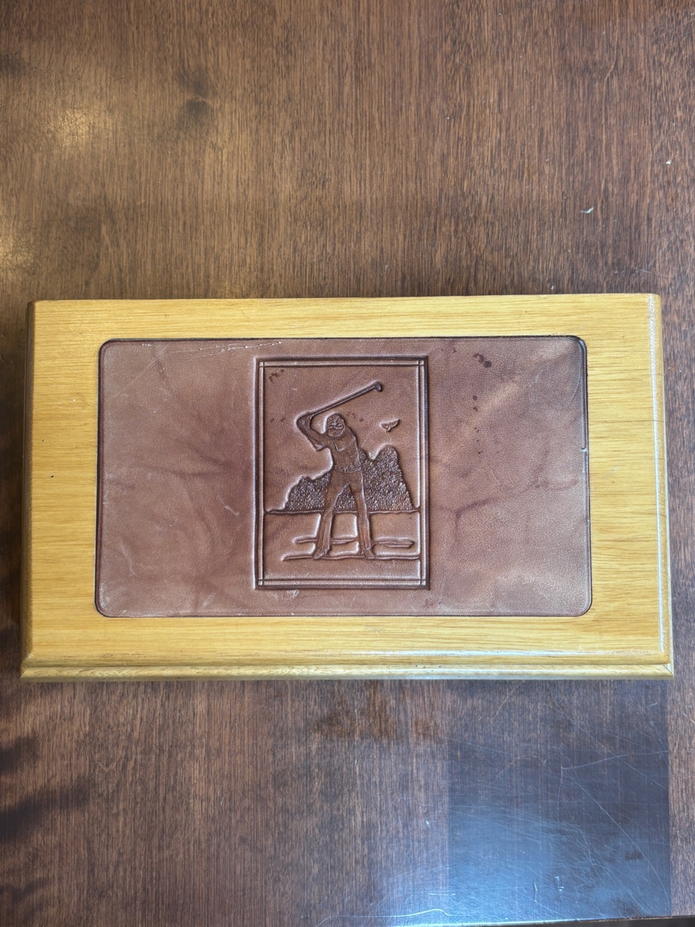 Source Unknown Brown Leather Golf Plaque in Light Wood Frame